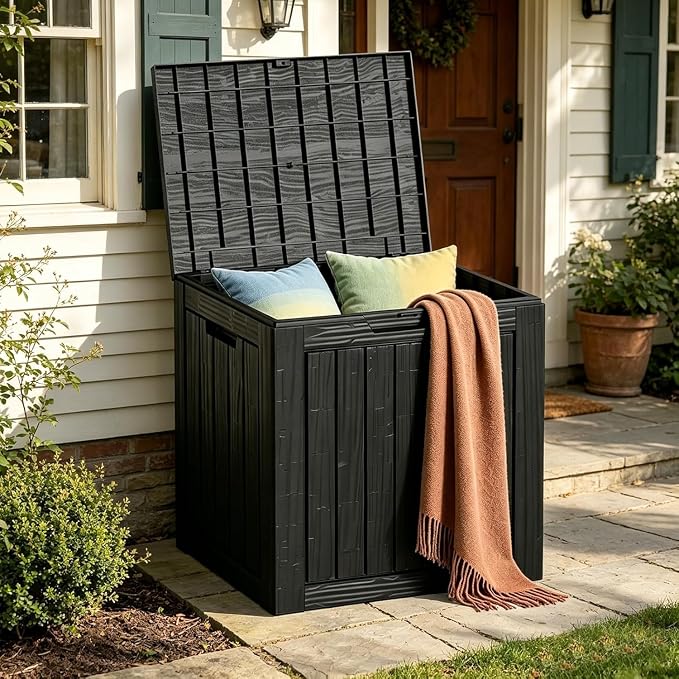 MAKINO 31 Gallon Resin Outdoor Storage Box, Waterproof Deck Box with Lockable Lid, Outside Storage Box for Patio Furniture, Pool Accessories, Garden Tools, Storage Bench for Backyard, Porch, Black