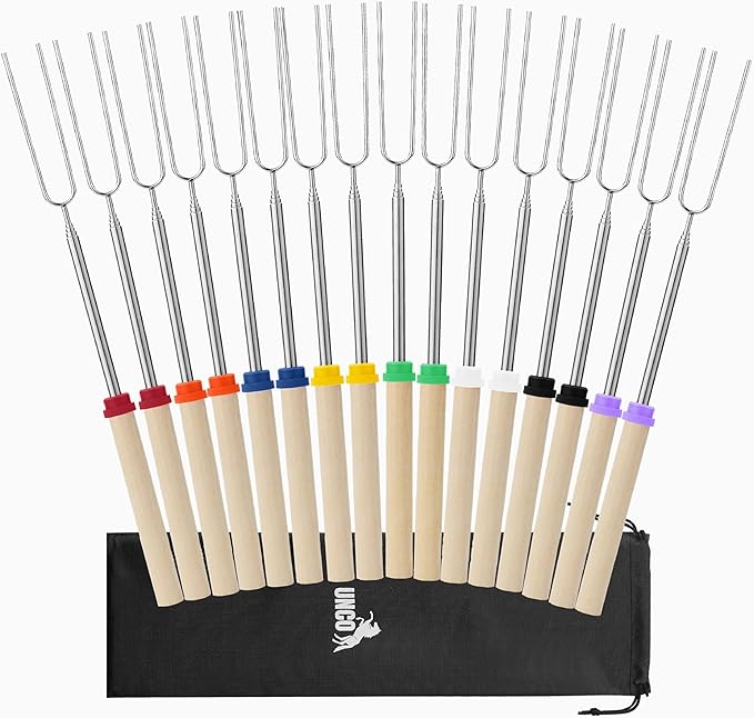 UNCO- Marshmallow Roasting Sticks, 32”, 16 Pack, Extendable Stainless Steel Smores Sticks for Fire Pit, Smores Skewers, Campfire Cooking Equipment