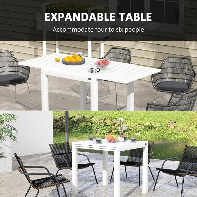 Outsunny Expandable Patio Dining Table for 4-6, 35.5" -70.75" Aluminum Extendable Outdoor Dining Table, Square/Rectangular Patio Table for Garden, Backyard, Poolside, Deck, White