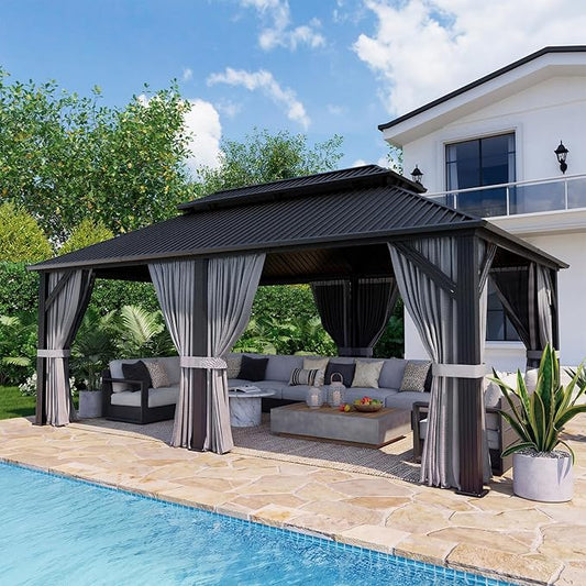 12'x20' Permanent Hardtop Gazebo Outdoor Grill Gazebo Aluminum Galvanized Steel Double Roof Outdoor Pergola Include Curtain and Netting for Backyard, Patio, Lawn