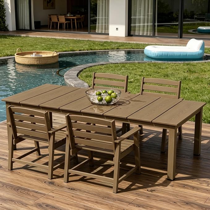AreShark 5-Piece Outdoor Dining Set,HDPE Patio Table with 4 Armchairs,All-Weather Patio Furniture Set with Umbrella Hole,Low Maintenance Wood Grain Dining Set for Backyard,Garden,Poolside,Black