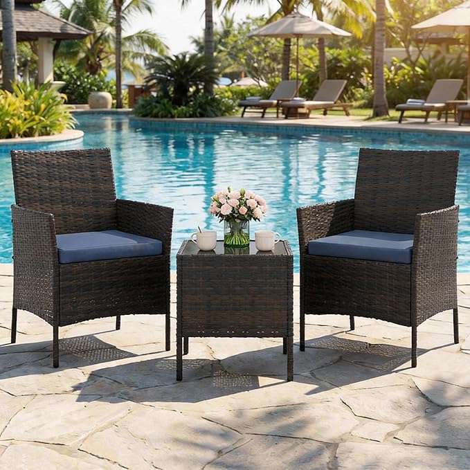 3-Piece Outdoor Furniture Set, PE Rattan Wicker Chairs with Soft Cushions & Tempered Glass Coffee Table - All-Weather Patio Set for Garden, Backyard, Porch, Poolside (Brown/Navy Blue)
