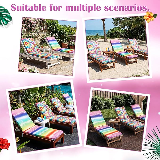 2 Pack Chaise Lounge Cushion Covers Outdoor (Not Includes Cushions) Waterproof Chair Cushion Replacement Covers 72 x 21 x 3 Inch for Patio Pool Lawn Slipcover with Ties(Tie-dye)