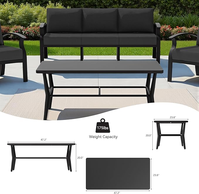 Kullavik Aluminum Patio Furniture Set with Rectangular Coffee Table,5-seat Metal Outdoor Sectional Furniture w/5.1" Cushions,Patio Conversation Sets for Garden,Backyard,Porch-Black