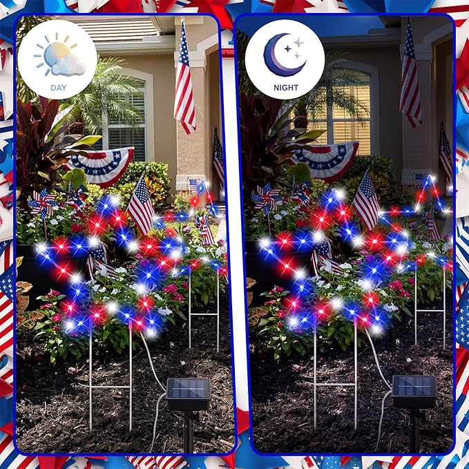 Retisee 3 Pcs 250th Anniversary 4th of July Solar Lights, 12.7 Inch Patriotic Red White Blue LED Yard Stakes, Solar Powered Garden Lawn Pathway Decor for Memorial Display, 6–8 Hour Runtime