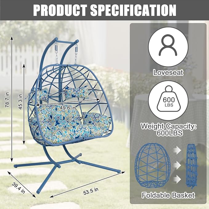 2 Person Double Hanging Egg Chair, Oversized Wicker Rattan Loveseat Swing Chair, Heavy Duty 600lbs Capacity, Foldable Basket Hammock Chair with Thick Cushion for Indoor Outdoor Patio Bedroom