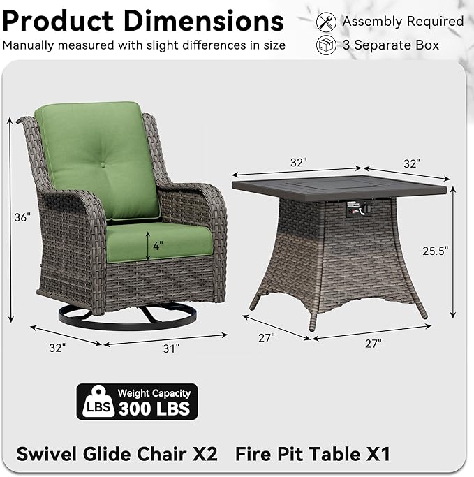 3 Pieces Outdoor Wicker Patio Furniture Set with Fire Pit Table, Swivel Rocker Patio Chairs Set with Thickened Cushions, High Back and Deep Seating, Hand-Woven PE Rattan for Porch, Deck