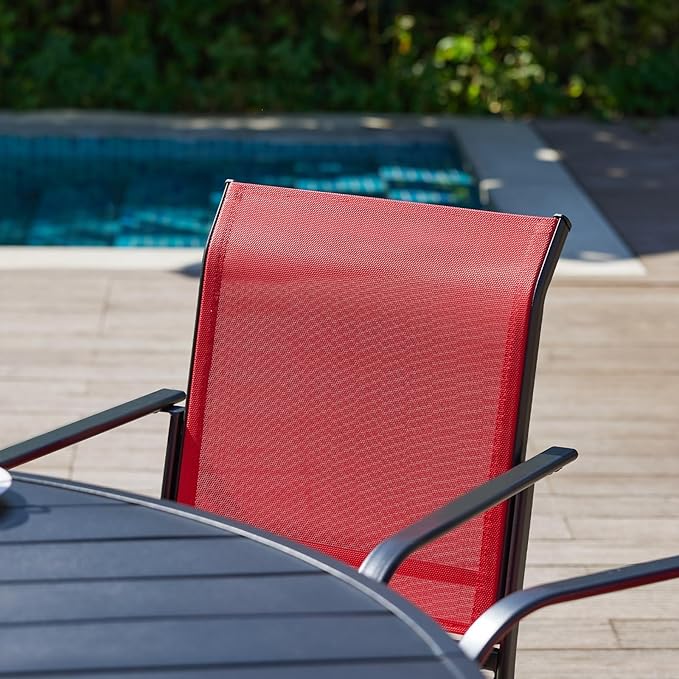 VICLLAX Outdoor Set for 2, Small Patio Table and Chairs Set of Stackable Patio Sling Chairs and Round Dining Table for Front Porch, Red Fabric and Black Table