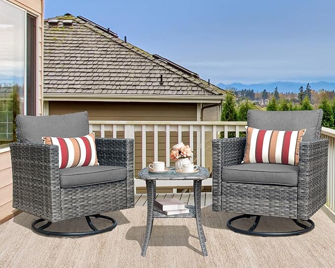 HOOOWOOO Wicker Outdoor Swivel Bistro Set for 2,3 Piece Patio Rocking Chairs and Table,All Weather Resistant Outside Out Door Rattan Rockers Furniture Set,Charcoal Gray