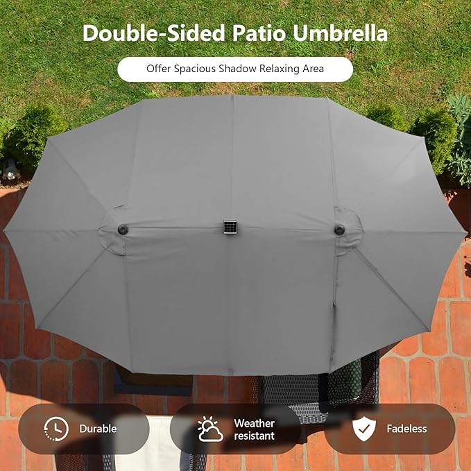Tangkula 15 Ft Solar Patio Umbrella, Double-Sided Extra Large Outdoor Market Table Umbrella with 48 LED Lights, Crank Handle, 12 Sturdy Ribs for Poolside, Garden & Backyard (Gray)