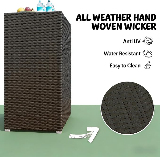 Tall Outdoor Storage Box and Wicker Deck Box Cabinet with Magnetic Doors and Drawer, Resin Rattan Patio Organizer for Poolside Towels and Garden Tools, 23.6 x 23.6 x 47.2 Inches, Dark Brown