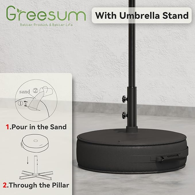 Greesum Outdoor Patio Umbrella with Base, Table Umbrella with 8 Sturdy Ribs, Push Button Tilt and Crank, Market Table Parasol for Garden, Lawn, Backyard & Pool, Black