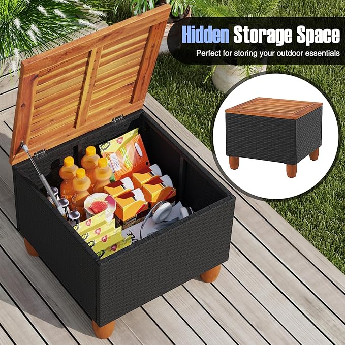 HAPPYGRILL 3 Pieces Patio Conversation Set with Storage Coffee Table, PE Rattan Wicker Sofa Set with Cushions, Acacia Wood Outdoor Furniture for Balcony Backyard Porch Garden