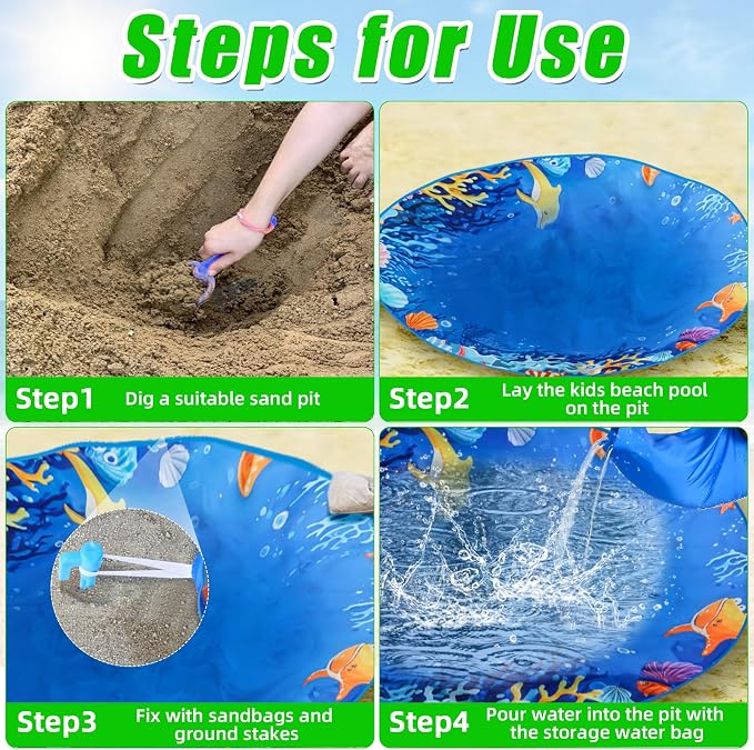 Pop up Baby Beach Pool, 58.8‬‬ inch Portable Kids Puddle Pool Toddler Sand Pit Paddling Pools Blue Childs Kiddie with Water Bag and Stake for Outdoor Beach Camping Traveling Vacation