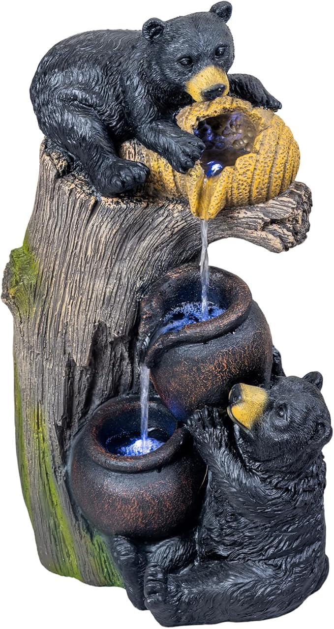 Bear Outdoor Water Fountain with LED Lights Cascading Rustic Log Garden Fountain Resin Waterfall Feature for Patio Backyard Deck Porch Yard Decor 23.6 Inch