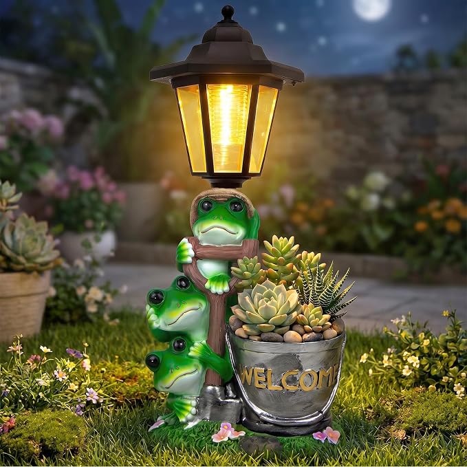 Solar Frog Outdoor Garden Statue with Flowerpot & Lantern | Resin Frog Figurine for Yard Art Lawn Ornaments Porch Patio Balcony - Gifts for Housewarming Birthday