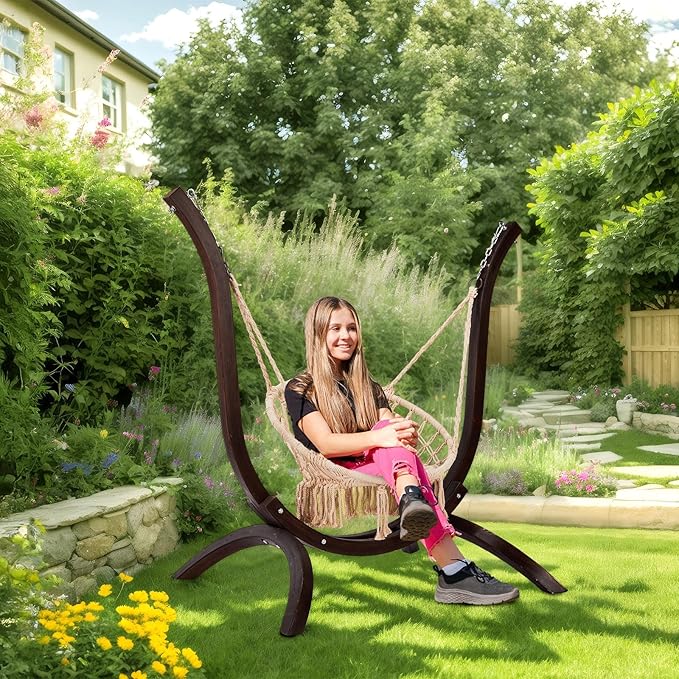 Solid Wood Hammock Stand for Indoor & Outdoor Use, Fit Most Hammock Chairs, Heavy-Duty Arc Design, Weatherproof Coating, Easy Assembly - Carbonized Brown, Sturdy & Stable Hanging Frame (No Chair)