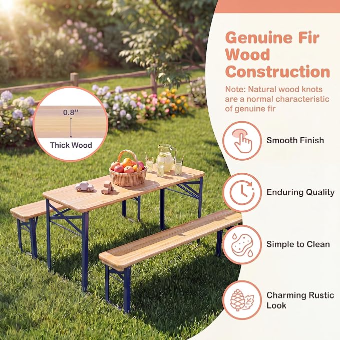 HONEY JOY Kids Picnic Table, 43.5 Inch Folding Toddler Outdoor Table & 2 Benches, Fir Wood Top & Metal Frame, No Assembly, Portable Easy to Store Camping Table and Chairs for Patio Backyard (Blue)