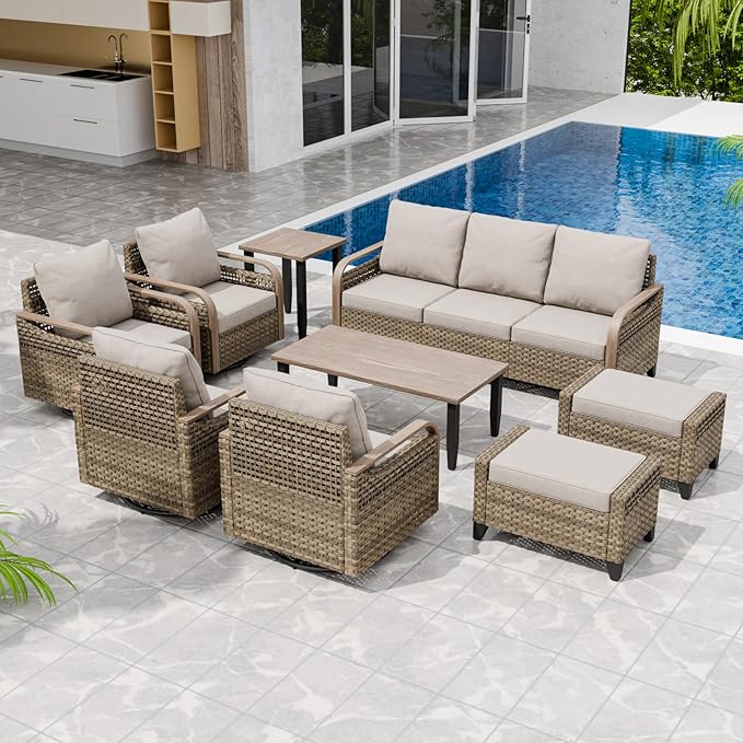 Modern Wicker Patio Furniture Set, Rattan Outdoor Conversation Set, 4 Swivel Rocking Chairs, 3 Seat Couch, 2 Ottomans, Coffee Table and Side Table, 9 Pieces, Brown/Gray
