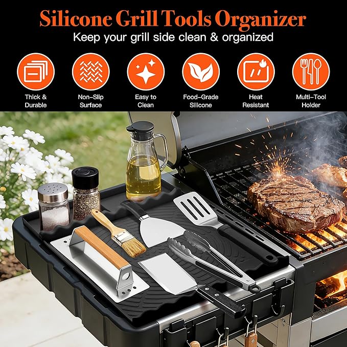Silicone Grill Mat for Blackstone - BBQ Griddle Tools Side Mat with Drip Pad, Griddle Tools Mat for Outdoor Kitchen Countertop, BBQ Grill Accessories Gifts for Men (Black)