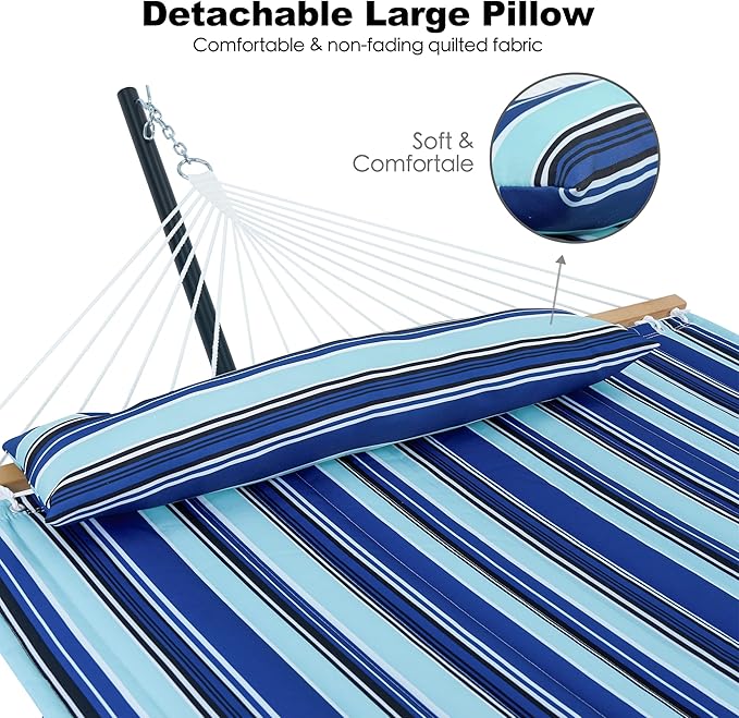 2 Person Hammock with Stand for Outside, Heavy Duty Steel Stand, Double 55inch Hammocks, Large Removable Pillow, Storage Bags, Max 475 lbs Capacity (Pacific Stripe Blue)
