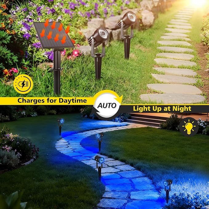 T-SUN Blue Solar Spotlights Outdoor Waterproof, 2-in-1 Solar Landscape Lights with 2 Modes, IP65 Adjustable Spotlights for Garden Yard Patio Decor(Blue)