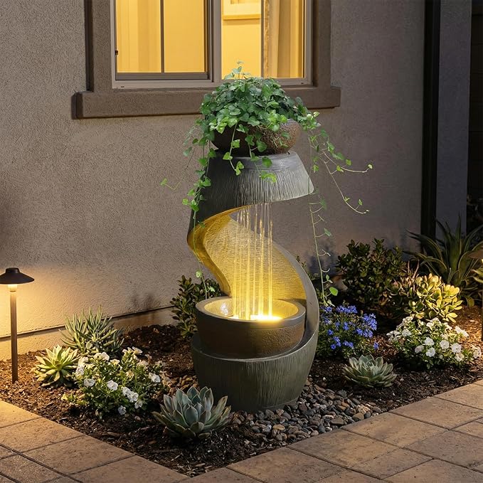 Bumilgar 31.9" Outdoor Water Fountain with Lights, Modern S-Shaped Waterfall Fountain Garden with Bowl, Resin Outside Water Feature for Garden Patio Yard Deck Balcony, Indoor Outdoor Water Fountains