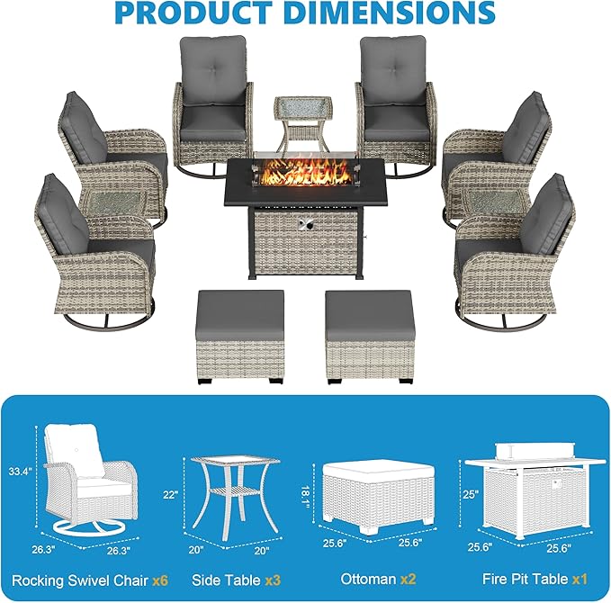 12-Piece Small Patio Furniture Set, Outdoor Swivel Rocking Chairs Set with 55,000 BTU Fire Pit Table Wicker Chairs and Ottomans, Patio Bistro Set for Balcony, Deck, Porch, Grey
