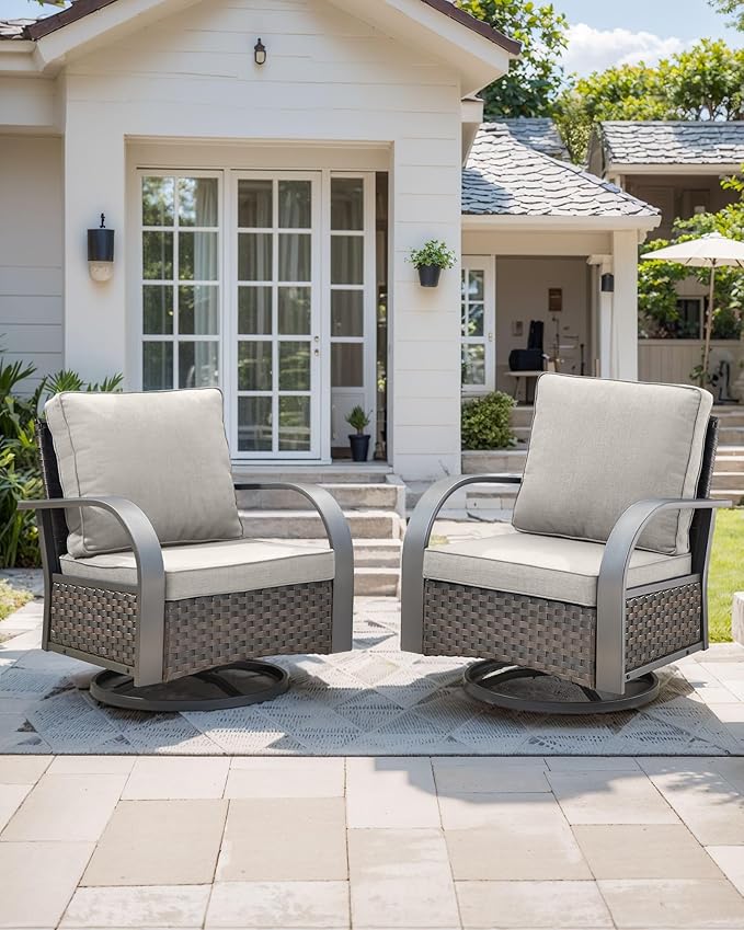 HUMMUH Patio Swivel Glider Outdoor Chair-All Weather Rattan Wicker Patio Swivel Rocking Chairs Porch Chair for Deck Porch Lawn Garden Backyard-Brown/Beige