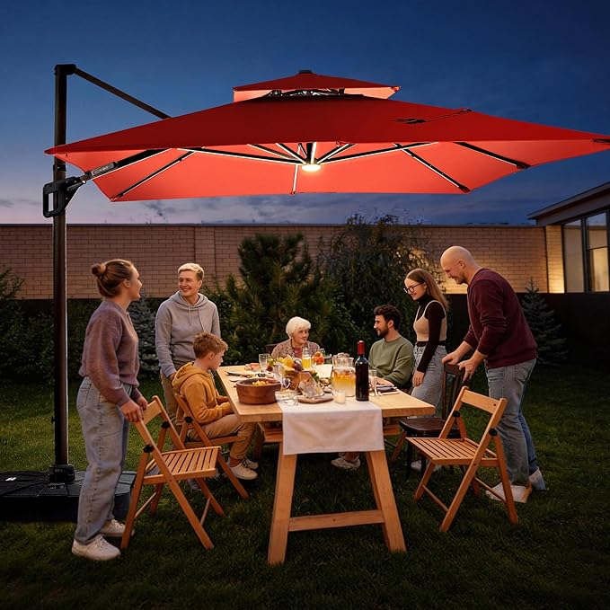 JZAC & QZYD 9x12 FT Outdoor Cantilever Patio Umbrella with Base Included and LED Lights, Large Heavy Duty 2-Tier Aluminum Offset Umbrellas with 360-Degree Rotation for Pool Deck, Red