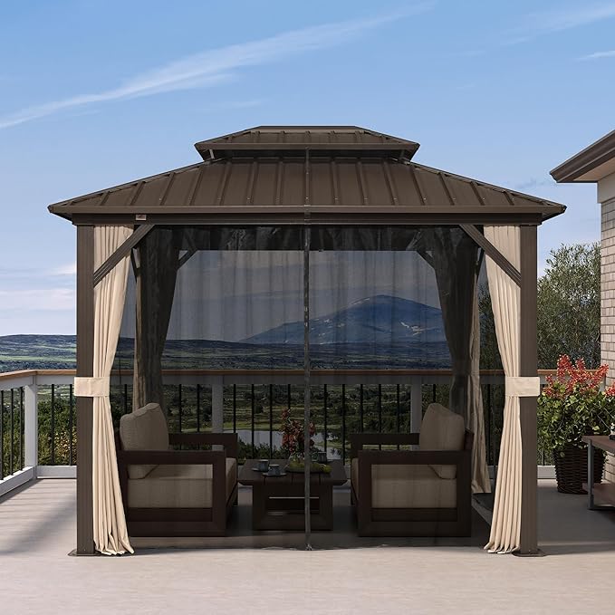 PURPLE LEAF 8’ X 10' Hardtop Gazebo Outdoor Gazebos Metal Frame Galvanized Steel Double Roof with Curtains and Nettings for Patio Desk Backyard Bronze