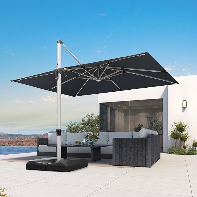 PURPLE LEAF Patio Umbrella with Base 9' X 12' Outdoor Rectangle Cantilever Umbrella Solar Powered LED with 360-degree Rotation for Garden Deck Pool Patio, Grey