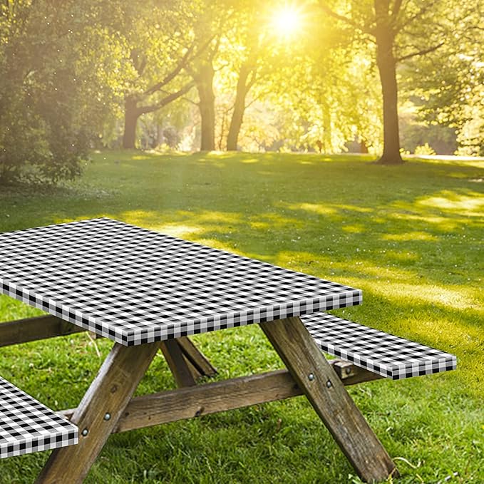 KENOBEE 8ft Picnic Table and Bench Cover, Camping Essentials RV Gear, 96 in Waterproof Windproof Outdoor Elastic All Around Tablecloth, Fitted Rectangle Tables and Seats, Black-White Checkered