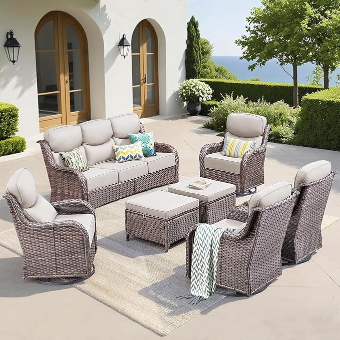 Luxury 7 Pieces Outdoor Patio Furniture Set-All Weather Wicker Outdoor Furniture with Swivel Rocker Patio Chairs 6-inch Extra Thick Cushions Wicker Conversation Set for Garden Porch(Brown/Beige)