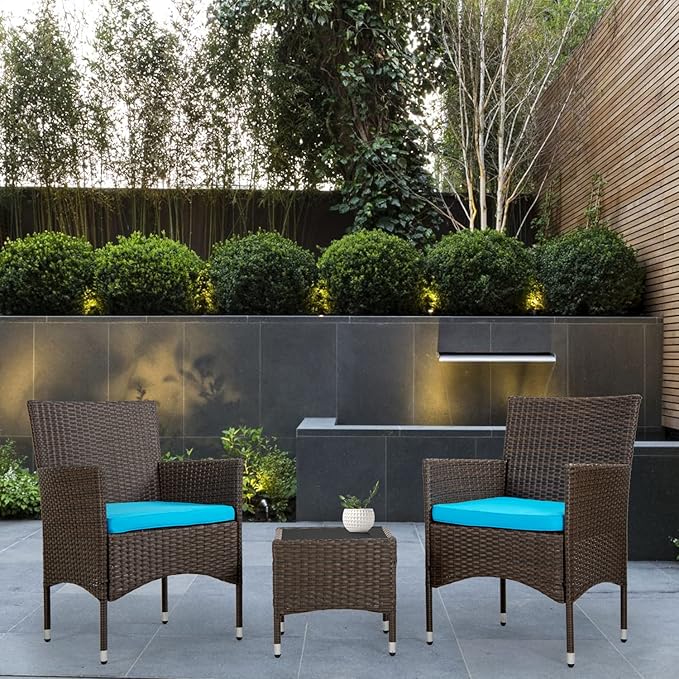 Outdoor Patio Furniture Set，3 Pieces Wicker Bistro Set Outdoor Patio Set Rattan Chair Conversation Sets Patio Sofa Wicker Table Set for Yard Backyard Lawn Porch Poolside Balcony,Blue Cushion