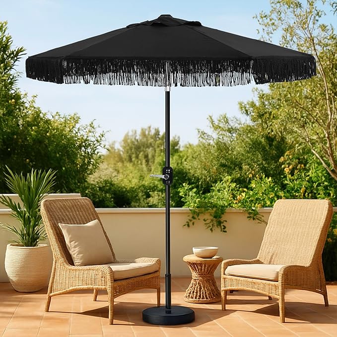 6 Ft Fringe Patio Umbrella - Outdoor Umbrella for Patio, Pool, Table, Garden, & Deck, Push Button Tilt Pole - Fashionable Vintage Tassels - White