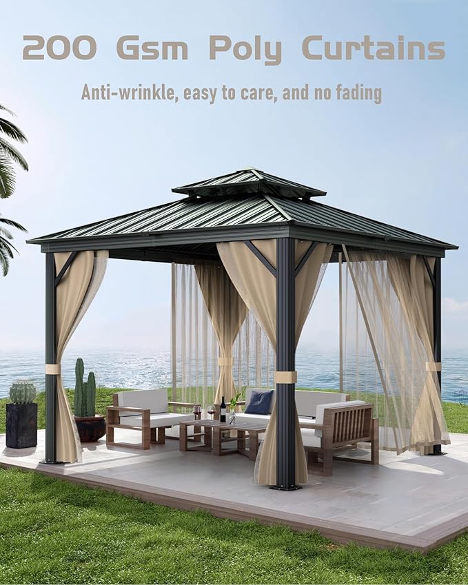 GarveeLife 10 ft x10 ft Hardtop Gazebo for All Weather, with Double Metal Roof, Aluminum Alloy Frame, Net, and Curtain, Permanent Building for Patio, Deck, Backyard, Lawn, and Garden