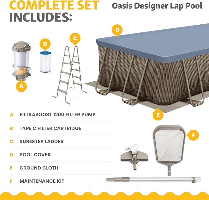 Funsicle Oasis Designer Lap 18' x 9'x 52" Rectangular Above Ground Swimming Pool, With FiltraBoost 1200 GPH Filter Pump, Ladder, Maintenance Kit, Cover, Ground Cloth & Repair Patch, Triple Basketweave