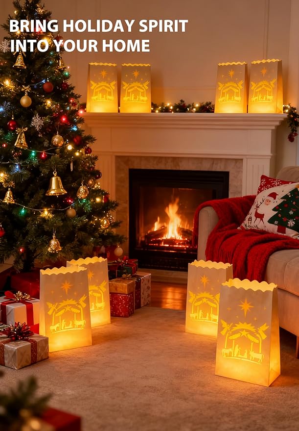 AceList 30 Set Luminaries Bag with Flameless Candles, Flickering LED Tea Lights with Paper White Luminary Bags Battery Operation for Party, Halloween, Christmas Decoration (Nativity, Bag+Candle)