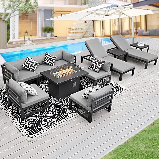 BULEXYARD 11 Pcs Modern Aluminum Patio Furniture Set, 500 lbs Heavy Duty Outdoor Sectional Sofa with Lounge & Fire Pit Table, 29" Deep Wide Seated, Comfy Large Conversation Couch for Pool, Light Gray