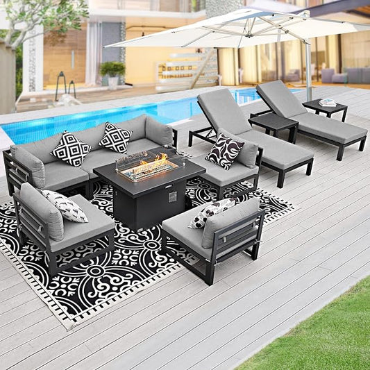 BULEXYARD 11 Pcs Modern Aluminum Patio Furniture Set, 500 lbs Heavy Duty Outdoor Sectional Sofa with Lounge & Fire Pit Table, 29" Deep Wide Seated, Comfy Large Conversation Couch for Pool, Light Gray