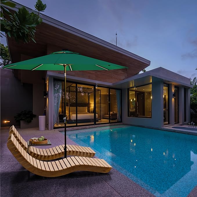 Midtown Umbrellas The LED Swilt 10 Feet Patio Umbrella With Sunbrella Canvas Teal Acrylic Fabric - Auto-Tilt Aluminum Frame With LED Lights For Backyard, Deck, Garden, Pool - Black Pole