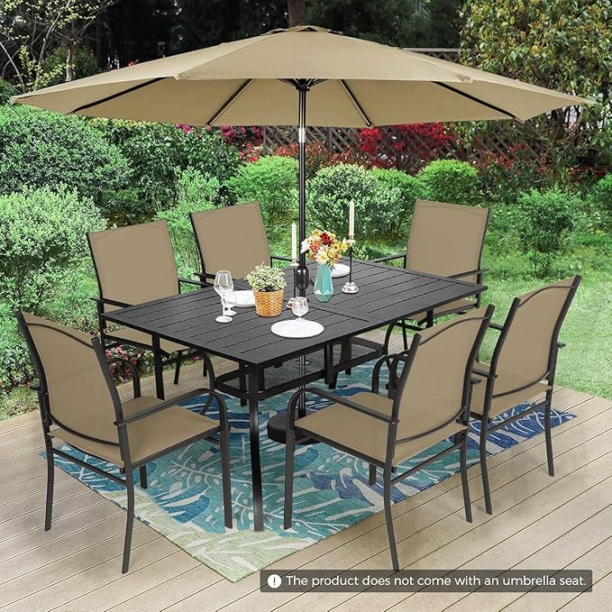 7-Piece Patio Dining Set with Umbrella,6 Person Outdoor Table and Chairs Set, 6 Metal Dining Chairs and Rectangular Outdoor Table with 1.57" Umbrella Hole,Khaki