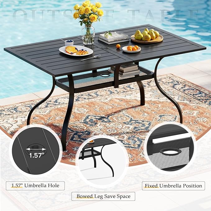 7-Piece Patio Dining Set,6 Person Outdoor Table and Chairs Set, 6 Metal Dining Chairs and Rectangular Outdoor Table with 1.57" Umbrella Hole,Khaki