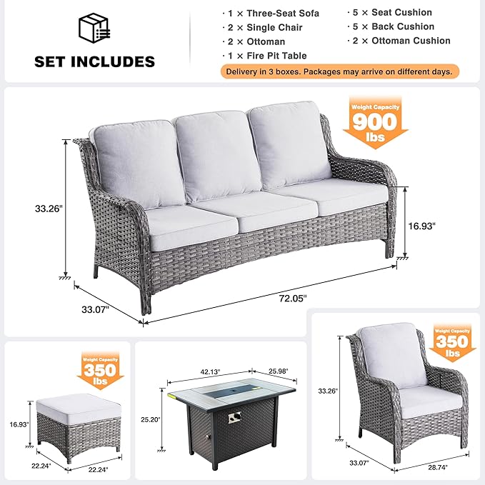ovios 6-Pieces Patio Furniture Set with 42 Inch Fire Pit Table, Outdoor Wicker Sofa Couch Ottomans Comfy Cushions, High Back Modern Conversation Set, Grey Rattan, Grey