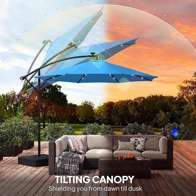 Outsunny 10 ft Cantilever Patio Umbrella with Solar LED Light, Sandbag Weight, Offset Hanging Outdoor Market Umbrella with Protective Cover, Crank and Tilt