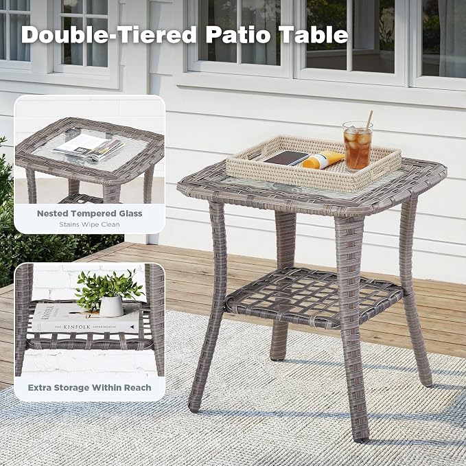 Belord Patio Wicker Swivel Rocker Patio Chairs with Side Table, Outdoor Rattan Chairs for Deck Porch Garden, 3 Piece Luxury Patio Furniture Set, Blue