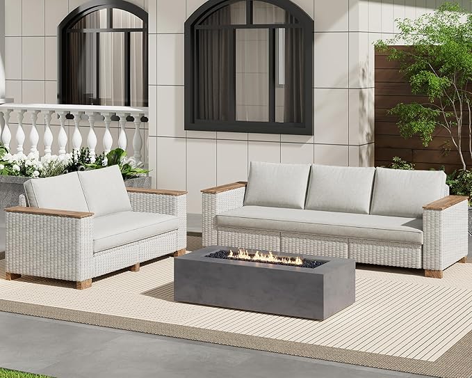 PaPaJet Modern Patio Furniture Set, 5 Piece Modular Rattan Outdoor Sectional Set with Washable Cushions for Lawn Deck Backyard Garden, Beige(88"+63")
