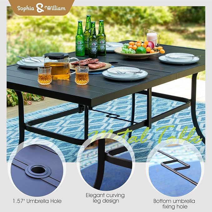 Sophia & William Patio Table and Chairs Set with Umbrella 8 Piece Outdoor Dining Set for 6 with 13ft Double-Sided Patio Navy Umbrella, 6 x Swivel Patio Chairs, 1 Metal Table for Lawn Garden