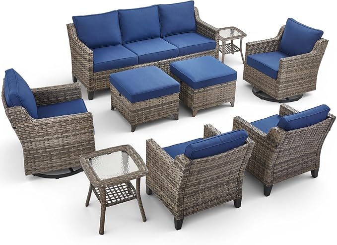 9 Piece Outdoor Patio Furniture Set-All Weather Outdoor Conversation Sets Sectional Sofa with Wicker Swivel Rocker Patio Chairs, Comfy Cushions Ottomans for Porch Balcony Patio Deck Grey/Blue